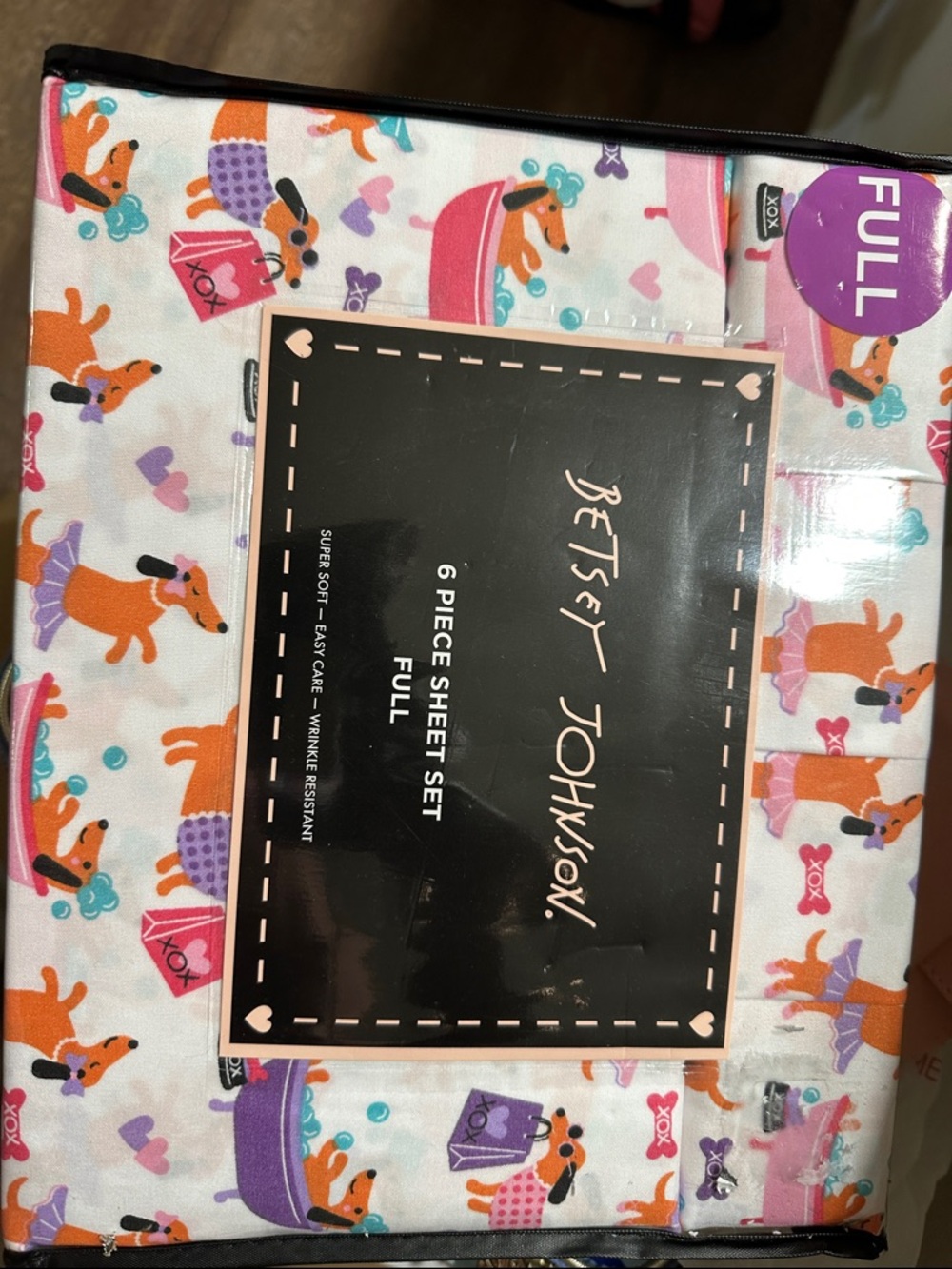 Betsey Johnson White Sheet Set w/Orange, Pink & Purple Dachshund Print- Full NWT